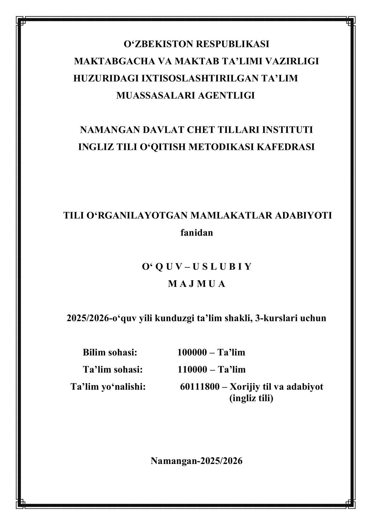 TILI O‘RGANILAYOTGAN MAMLAKATLAR ADABIYOTI