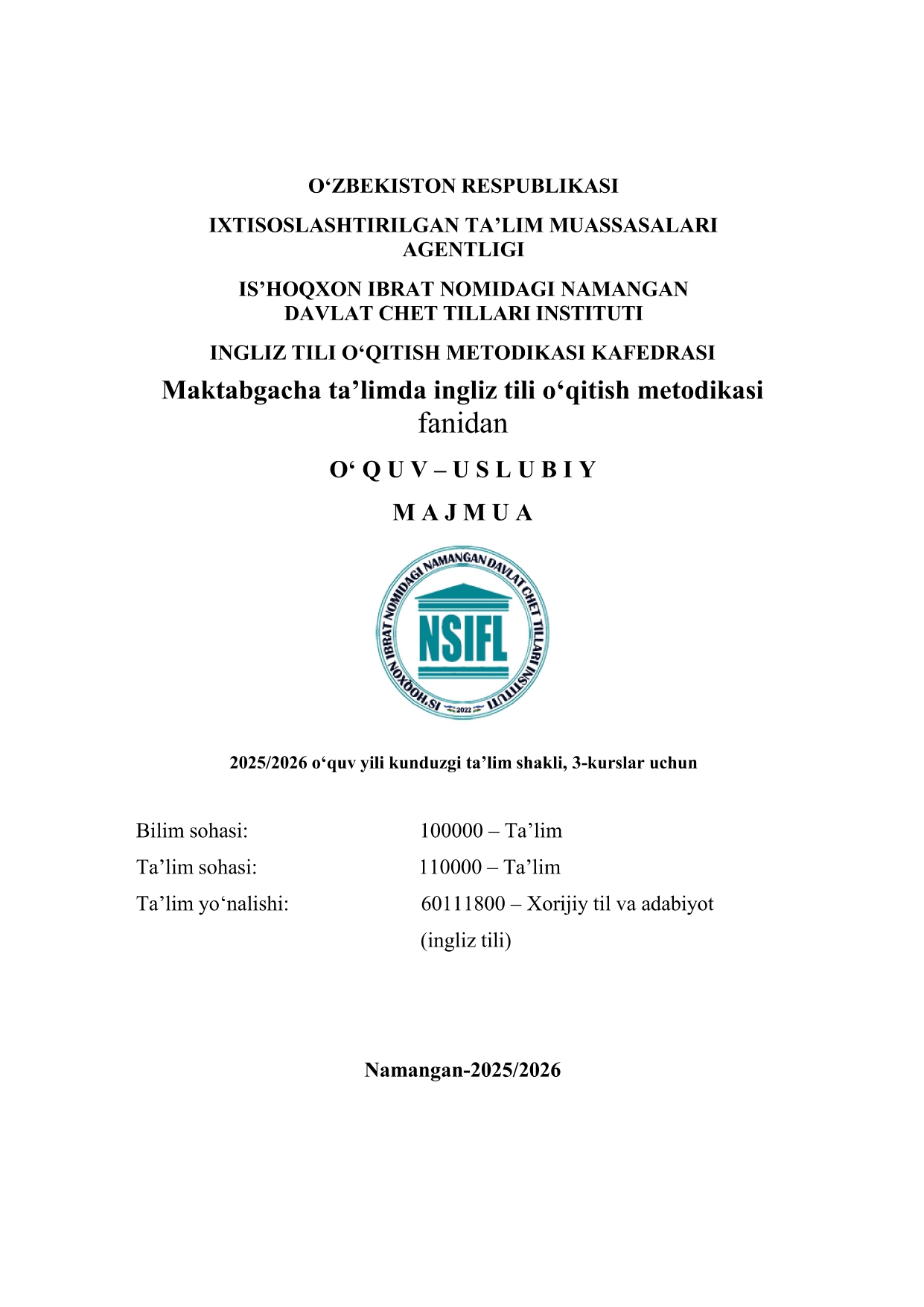 MAKTABGACHA TA'LIMDA INGLIZ TILI O'QITISH METODIKASI